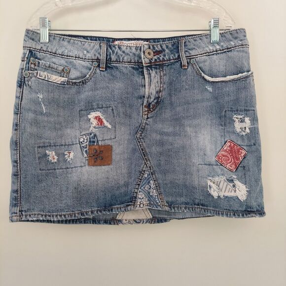Bootheel Trading Co Jean Skirt Mini Size 12 Patch Distressed Embellished - Picture 1 of 11